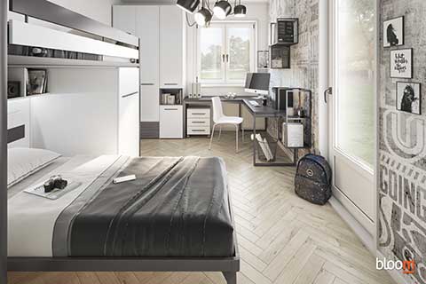 Soppalco Sky con letto inserito, armadio e zona studio