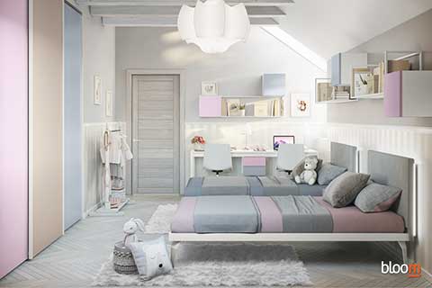 Armadio scorrevole con letti a terra, scrivania ed elementi pensili