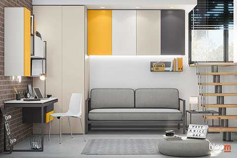 Armadio a ponte con cabina armadio, Divano letto e zona studio