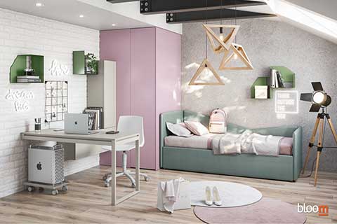 Cabina armadio con divano imbottito e scrivania a sbalzo