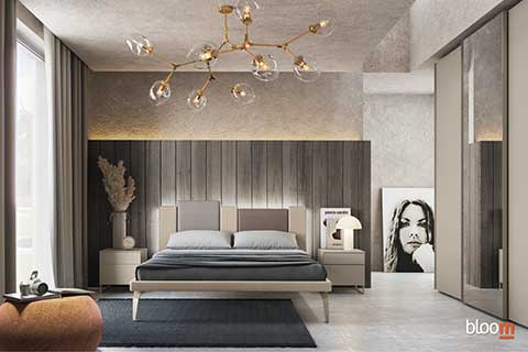 Armadio scorrevole con letto matrimoniale imbottito, comodini e comò con specchio